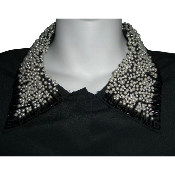 Vintage 80's Black Blouse Mob Wife egirl ALT Business Goth Pearl Collar Classic - Picture 6 of 11